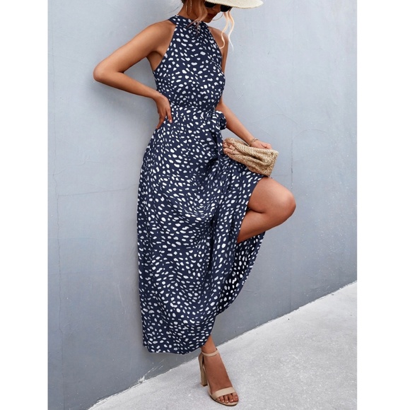 Spotted Print Maxi Dress Tie Belt High Neck - Picture 2 of 15
